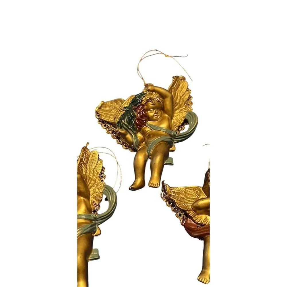 Bombay Co. Gold‎ Cherub Angel Christmas Ornaments Set of 3 Vintage 90s
